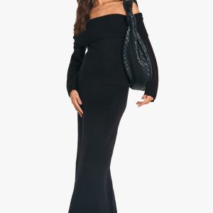 Premium Oversized Rib Bardot Neckline Soft Knit Jumper Dress