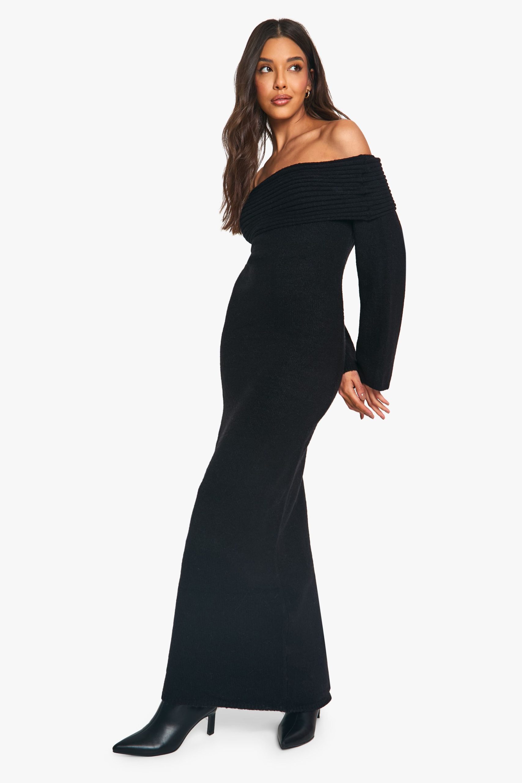 Premium Oversized Rib Bardot Neckline Soft Knit Jumper Dress - Image 3