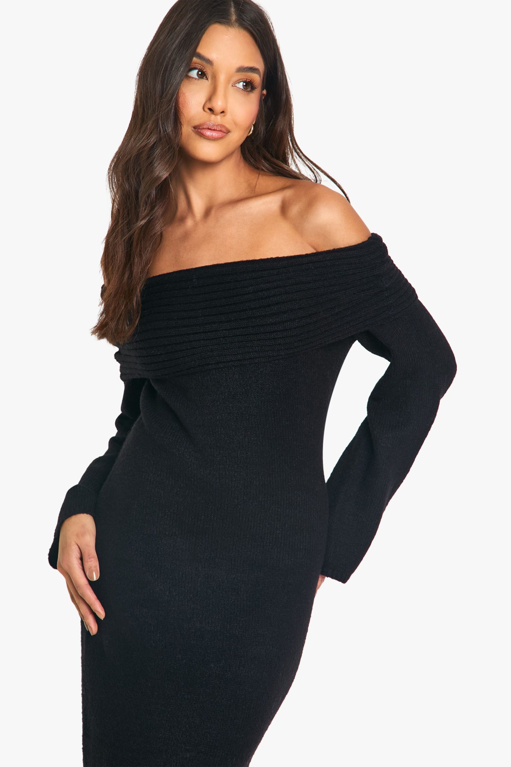 Premium Oversized Rib Bardot Neckline Soft Knit Jumper Dress - Image 4