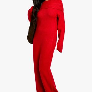 Premium Oversized Rib Bardot Neckline Soft Knit Jumper Dress