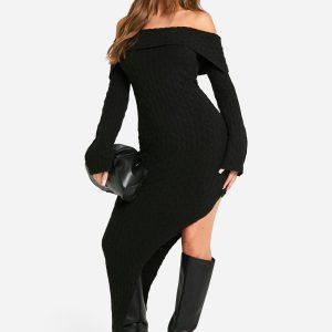 Soft Cable Asymmetric Hem Bardot Maxi Dress