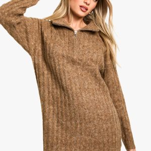 Soft Knit Thick Rib Zip Neck Oversized Jumper Dress