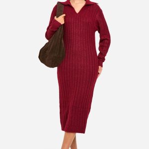 Soft Knit Thick Rib Collar Detail Midaxi Dress