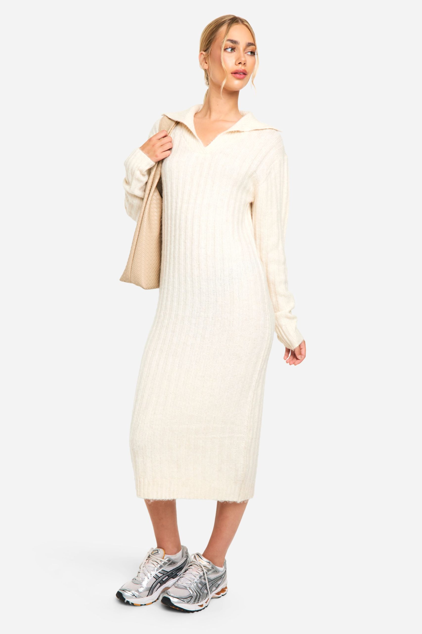 Soft Knit Thick Rib Collar Detail Midaxi Dress