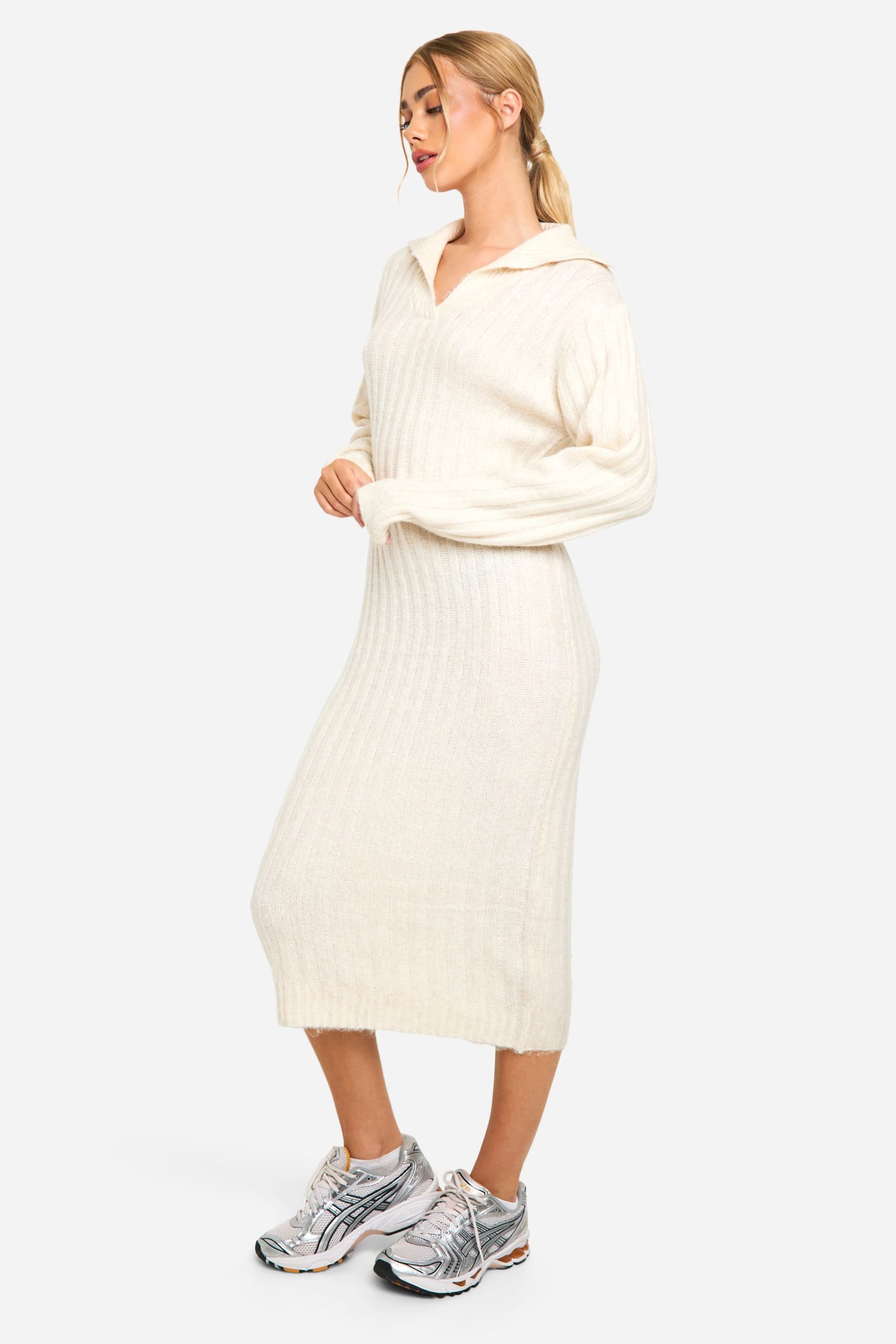 Soft Knit Thick Rib Collar Detail Midaxi Dress - Image 3