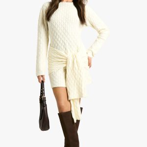 Soft Cable Oversized Tie Detail Knitted Mini Dress