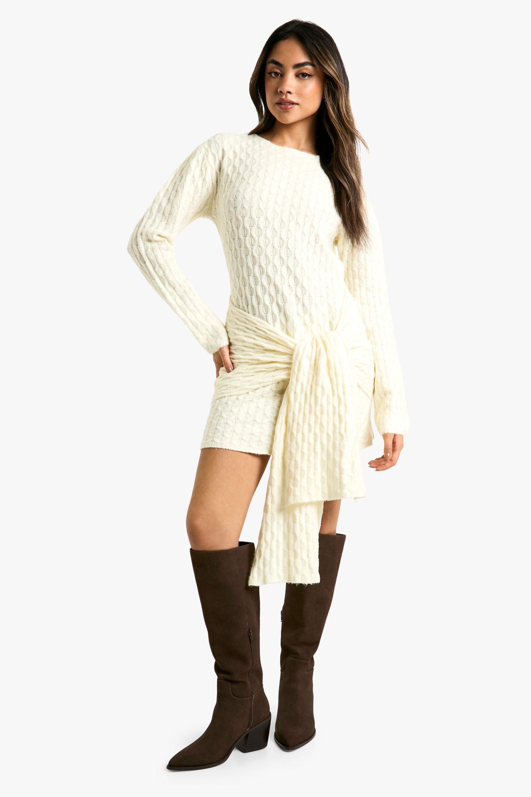 Soft Cable Oversized Tie Detail Knitted Mini Dress - Image 3