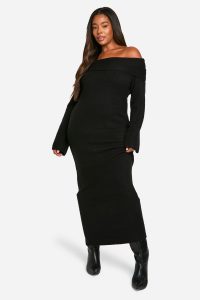 Plus Premium Oversized Rib Bardot Neckline Soft Knit Jumper Dress