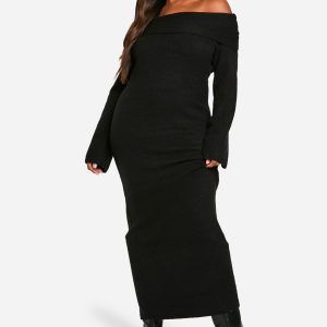 Plus Premium Oversized Rib Bardot Neckline Soft Knit Jumper Dress