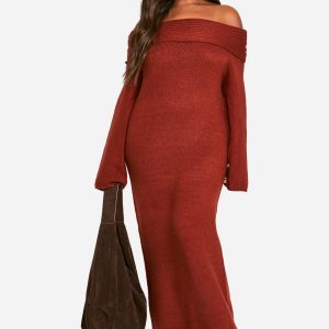 Plus Premium Oversized Rib Bardot Neckline Soft Knit Jumper Dress