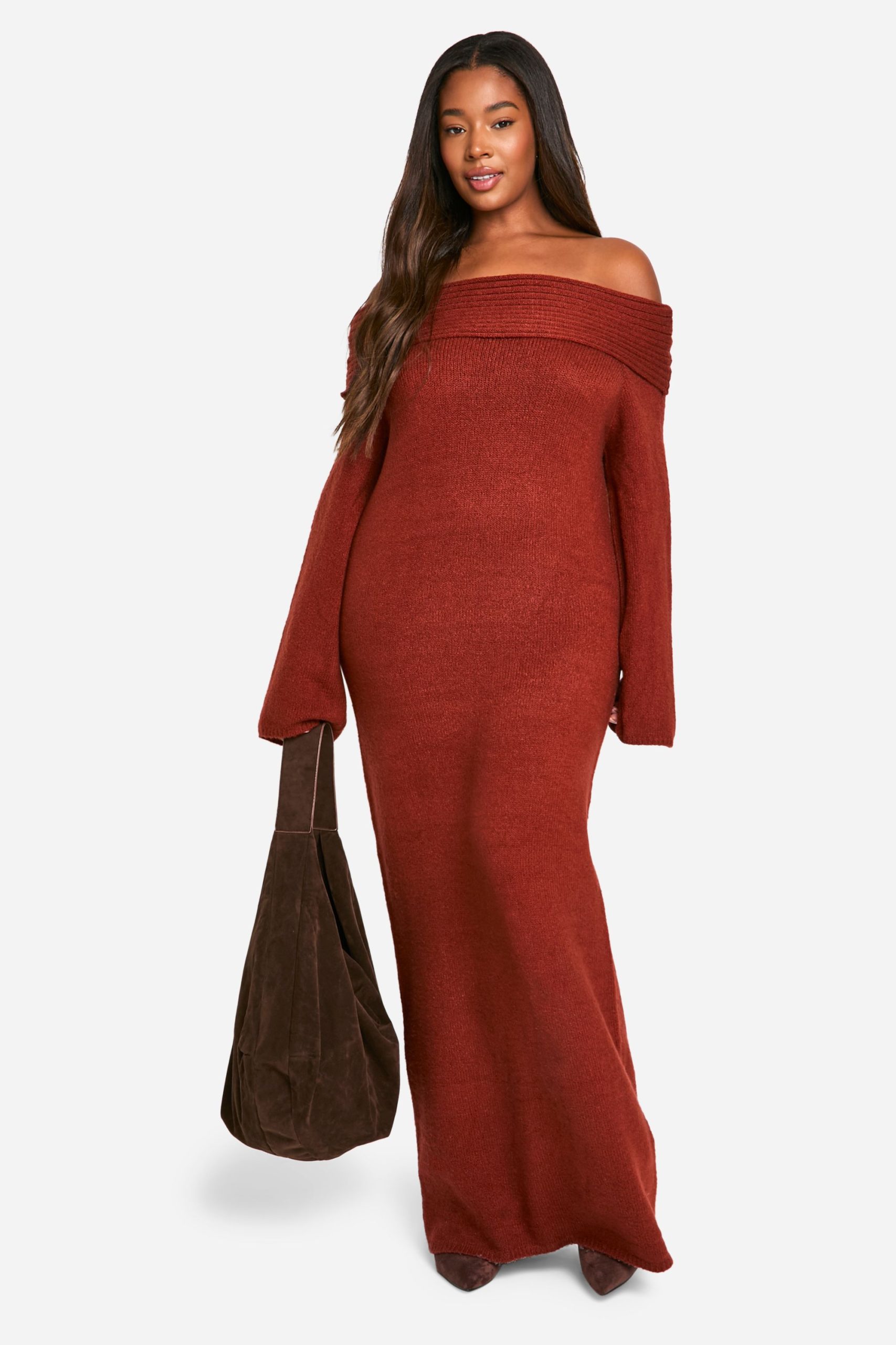 Plus Premium Oversized Rib Bardot Neckline Soft Knit Jumper Dress