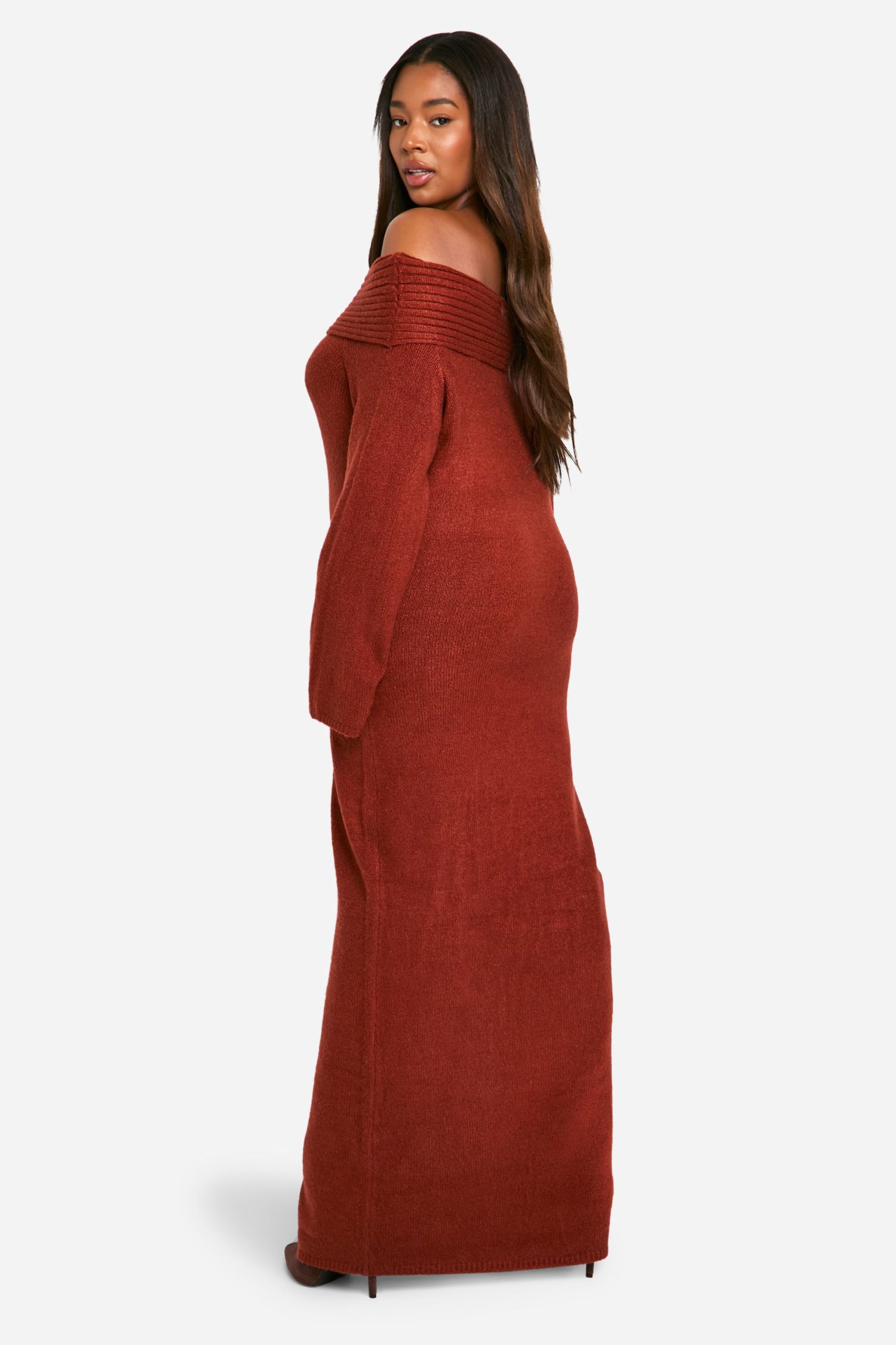 Plus Premium Oversized Rib Bardot Neckline Soft Knit Jumper Dress - Image 2