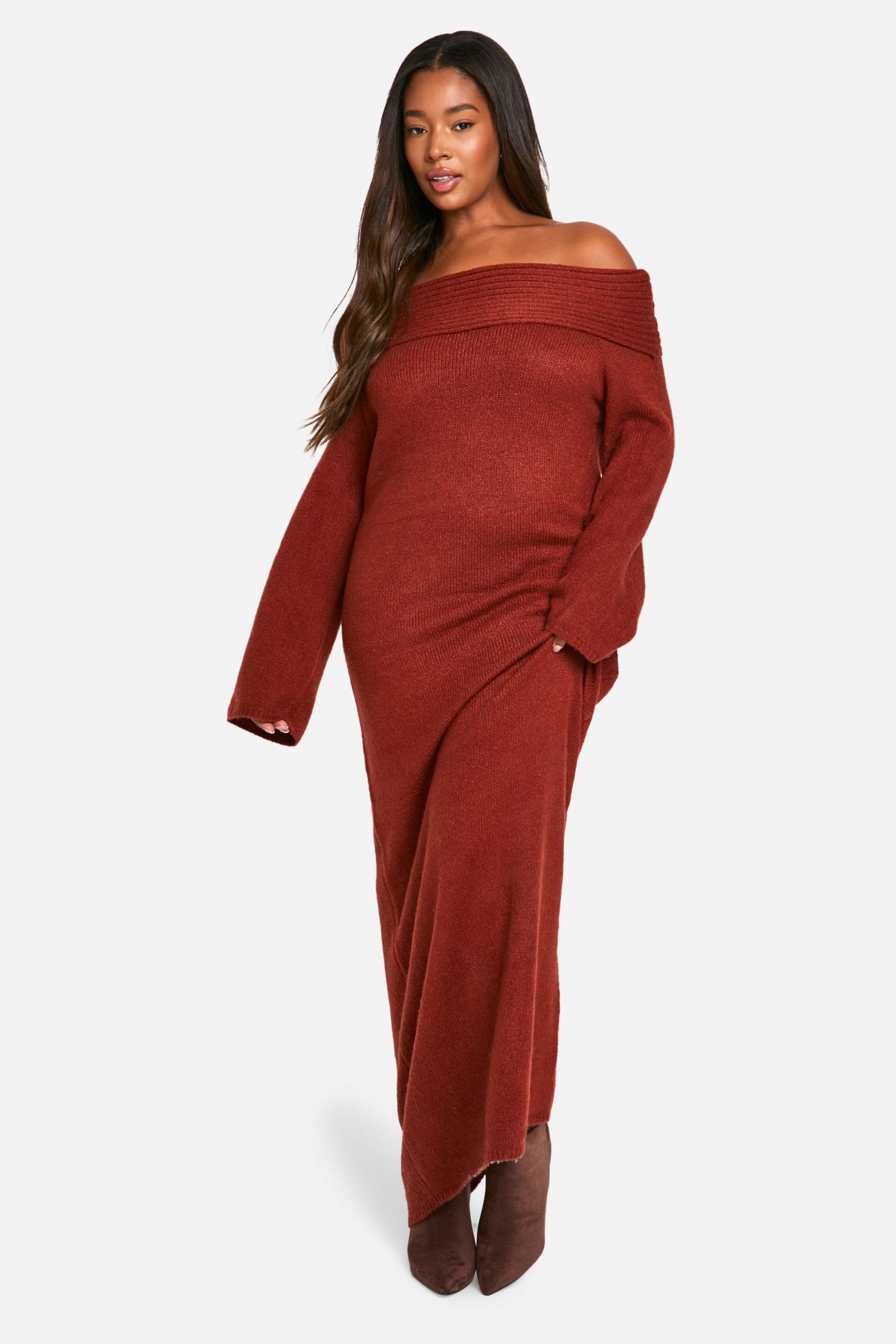 Plus Premium Oversized Rib Bardot Neckline Soft Knit Jumper Dress - Image 3