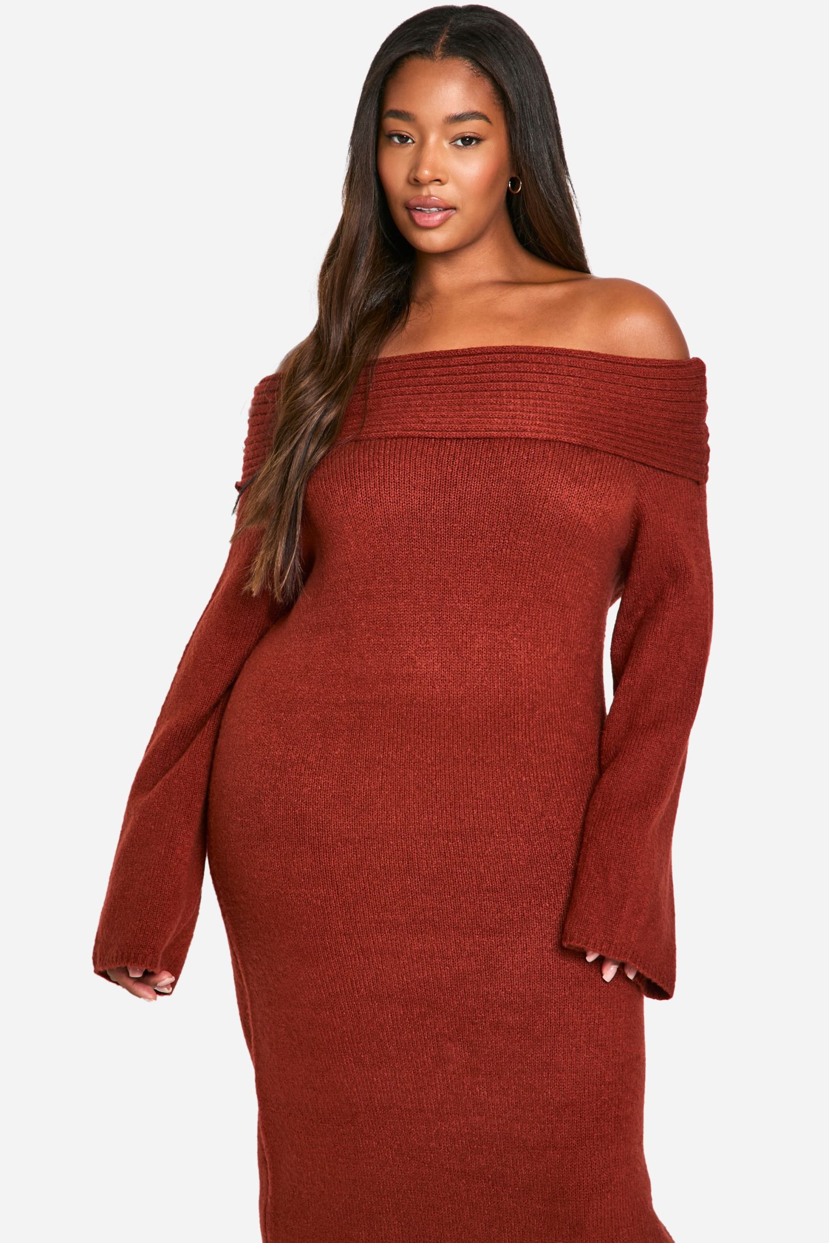 Plus Premium Oversized Rib Bardot Neckline Soft Knit Jumper Dress - Image 4
