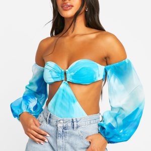 Abstract Chiffon Balloon Sleeve Bodysuit