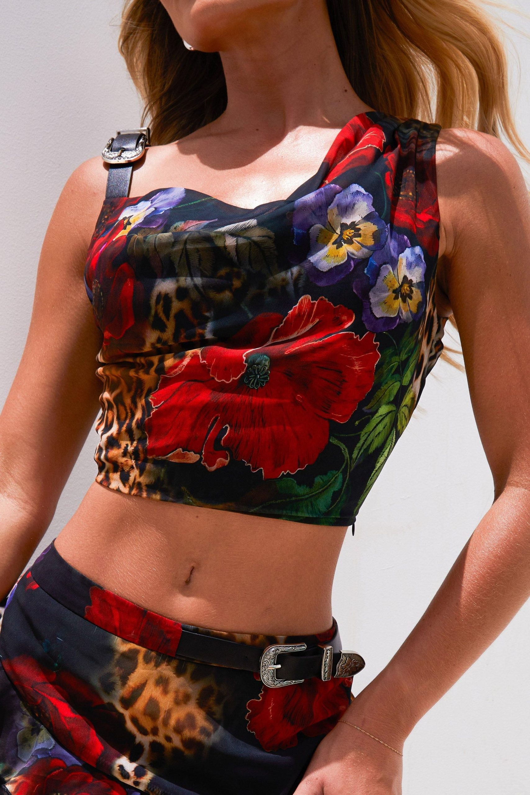 Molly Smith Leopard Rose Print Buckle Detail Cowl Crop Top - Image 4