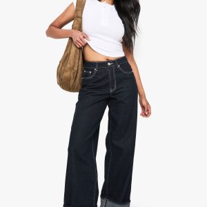 Indigo Deep Turn Up Cuff Wide Leg Jeans
