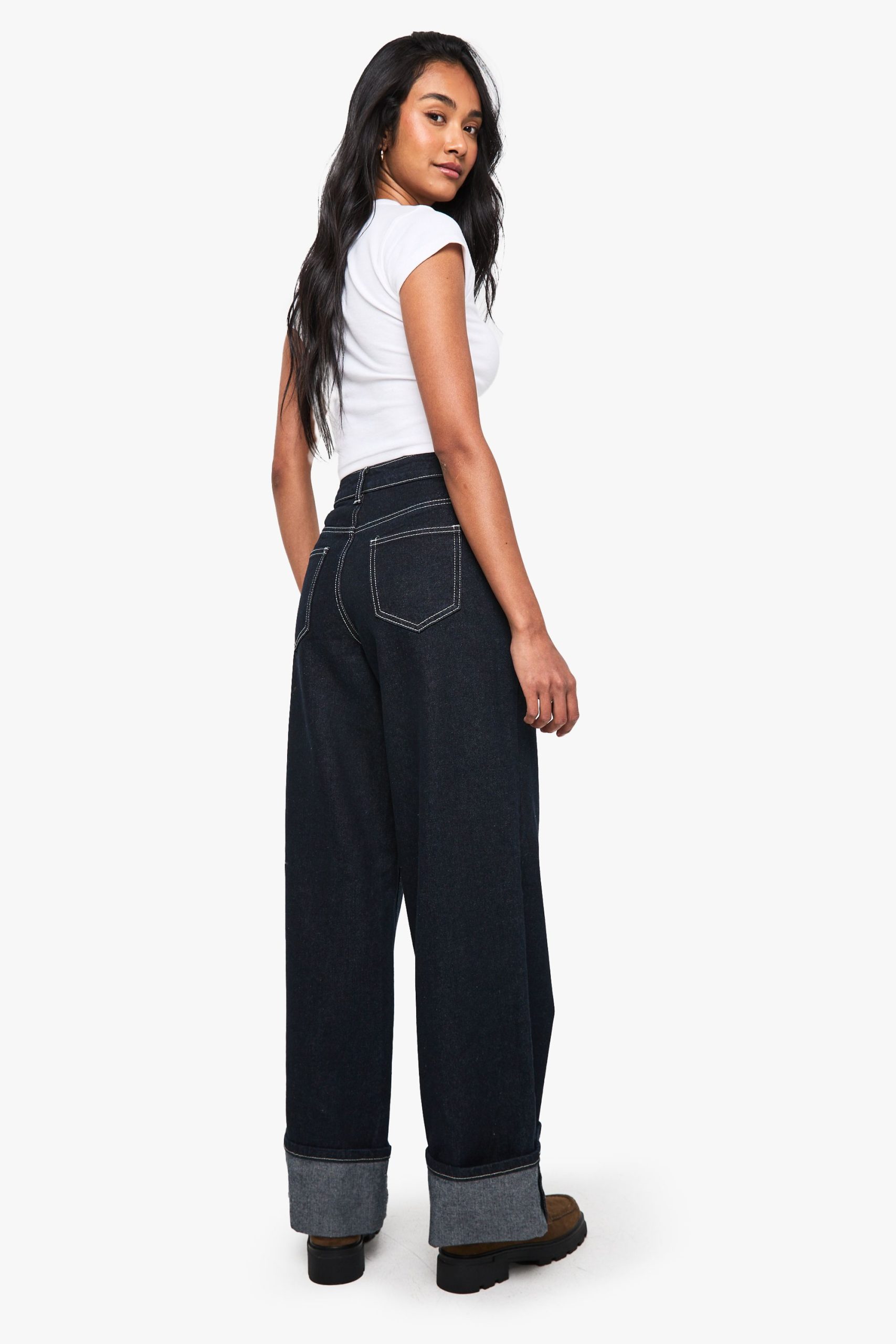 Indigo Deep Turn Up Cuff Wide Leg Jeans - Image 2