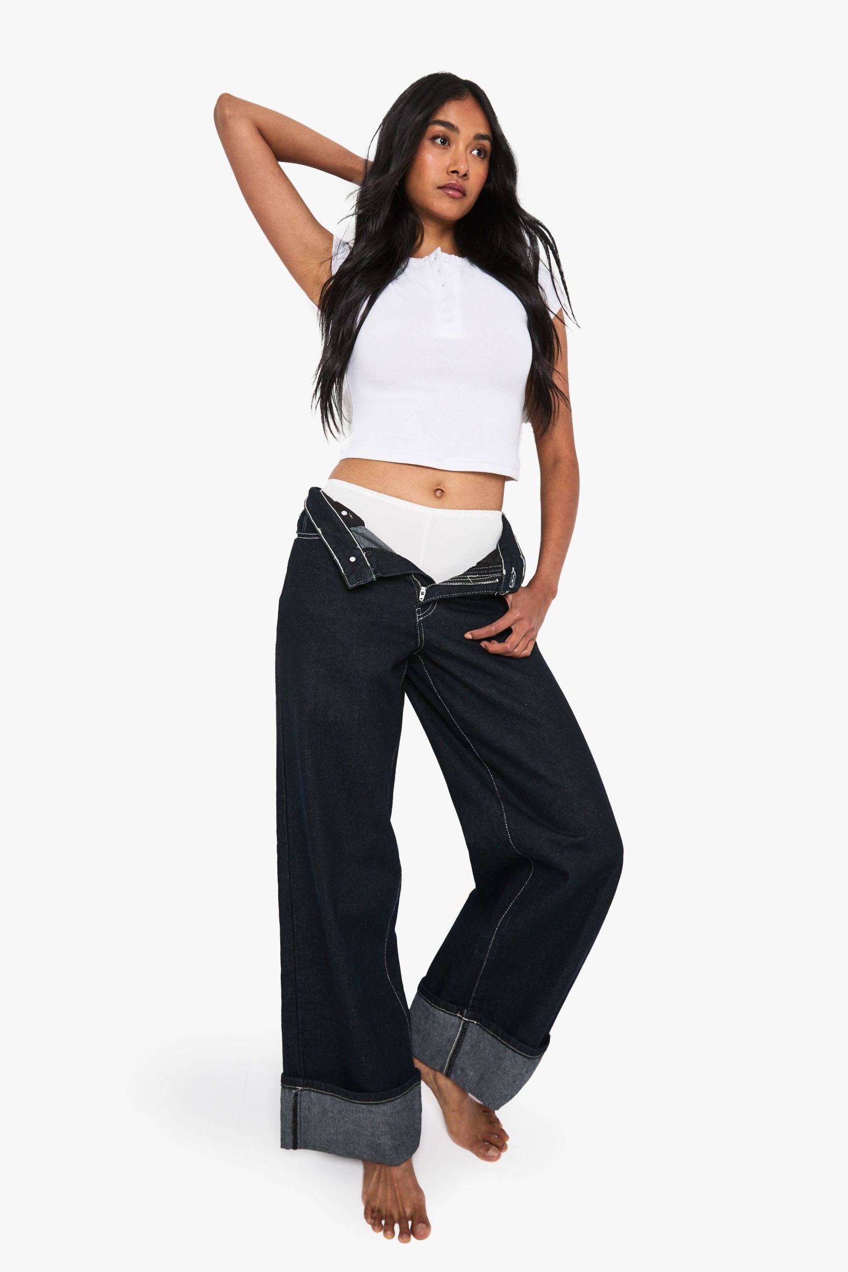 Indigo Deep Turn Up Cuff Wide Leg Jeans - Image 3
