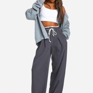 Fray Hem Double Waistband Wide Leg Woven Trousers