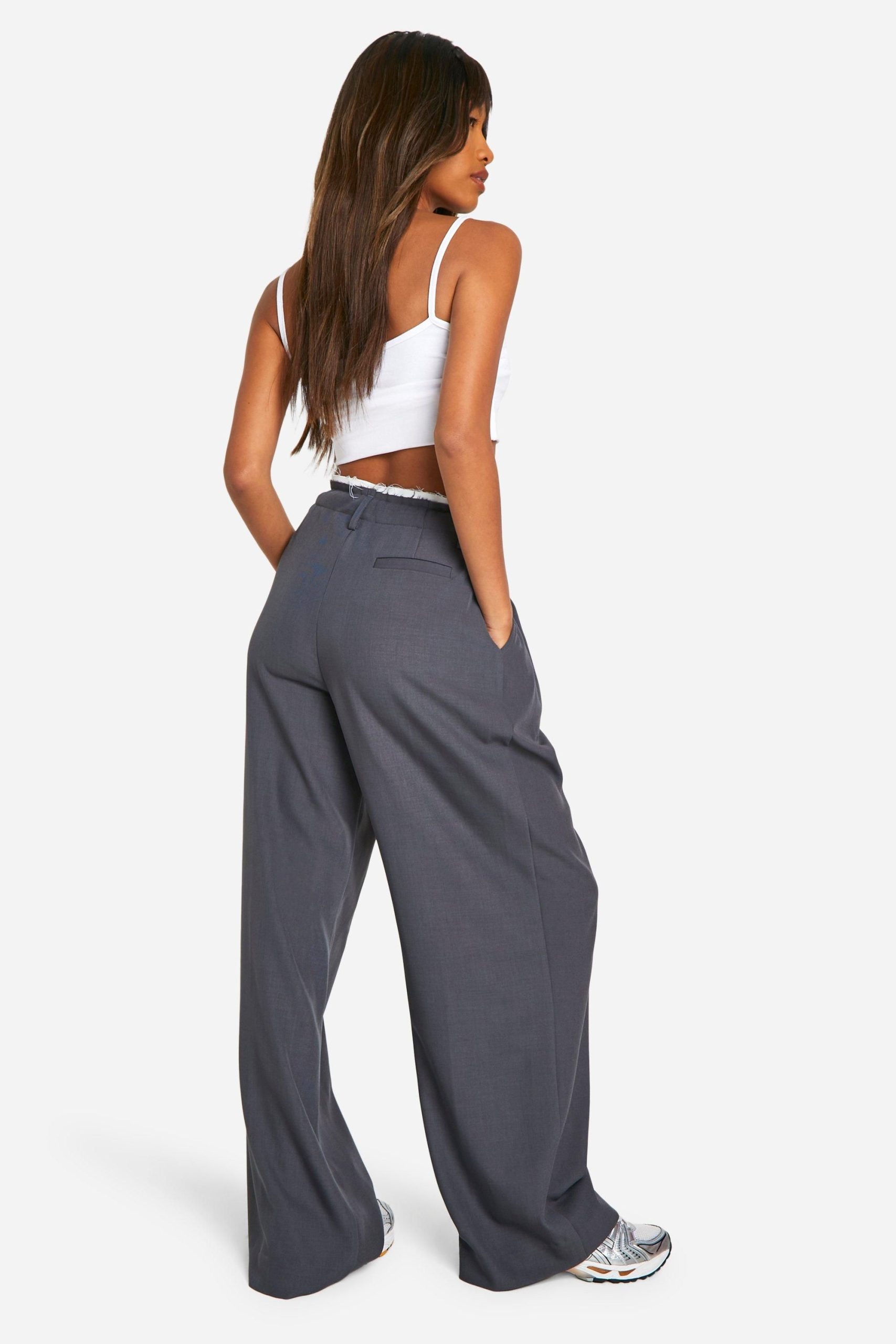 Fray Hem Double Waistband Wide Leg Woven Trousers - Image 2