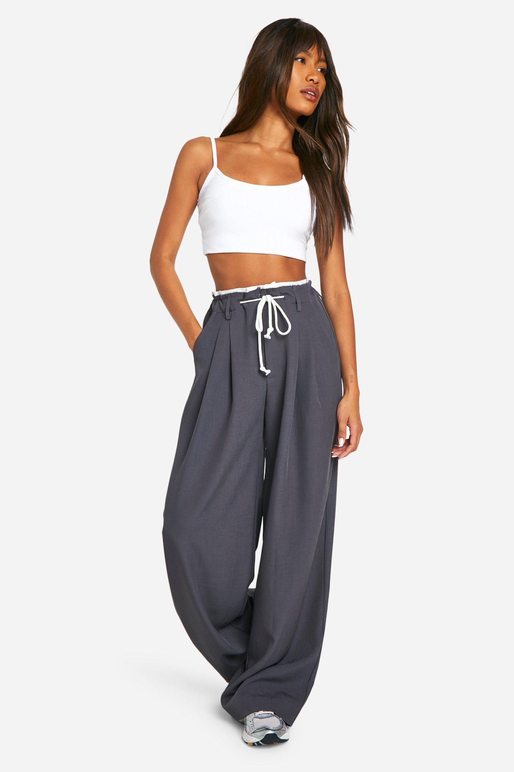 Fray Hem Double Waistband Wide Leg Woven Trousers - Image 3
