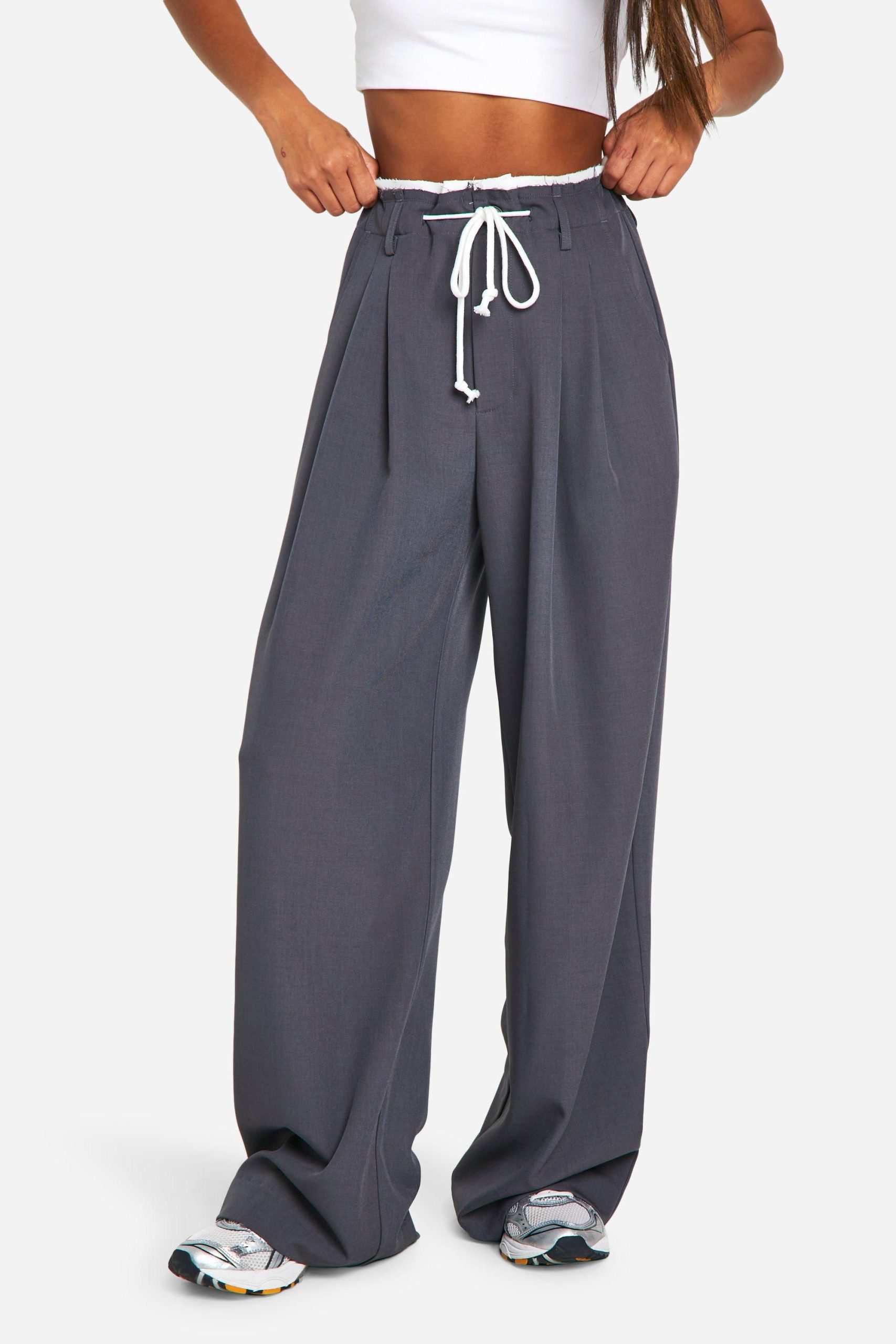 Fray Hem Double Waistband Wide Leg Woven Trousers - Image 4