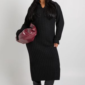 Plus Soft Knit Thick Rib Collar Detail Maxi Dress