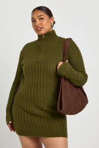 Plus Soft Knit Thick Rib Zip Neck Oversized Mini Dress