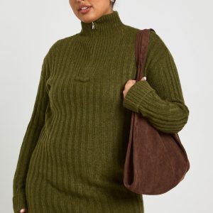 Plus Soft Knit Thick Rib Zip Neck Oversized Mini Dress