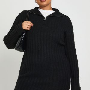 Plus Soft Knit Thick Rib Zip Neck Oversized Mini Dress