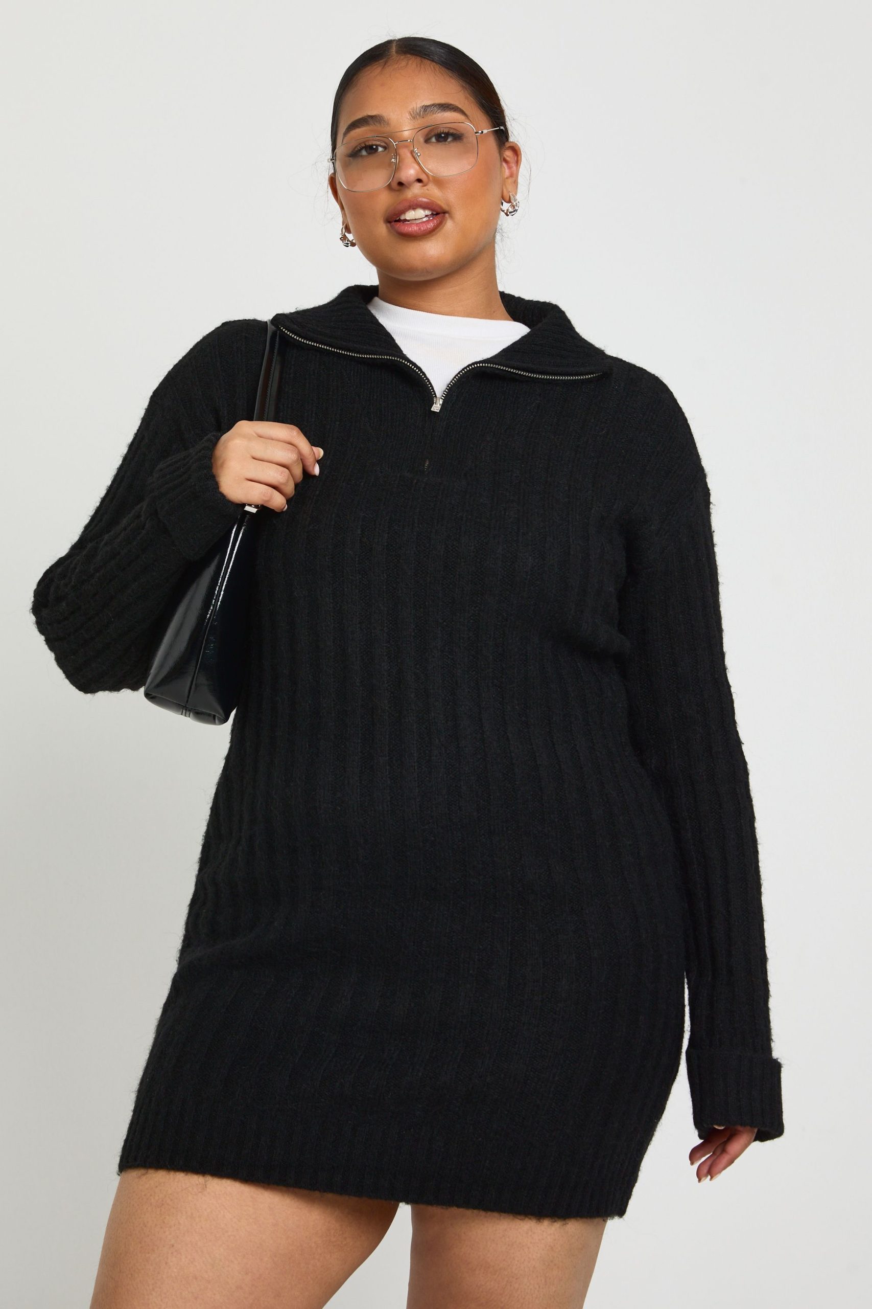 Plus Soft Knit Thick Rib Zip Neck Oversized Mini Dress