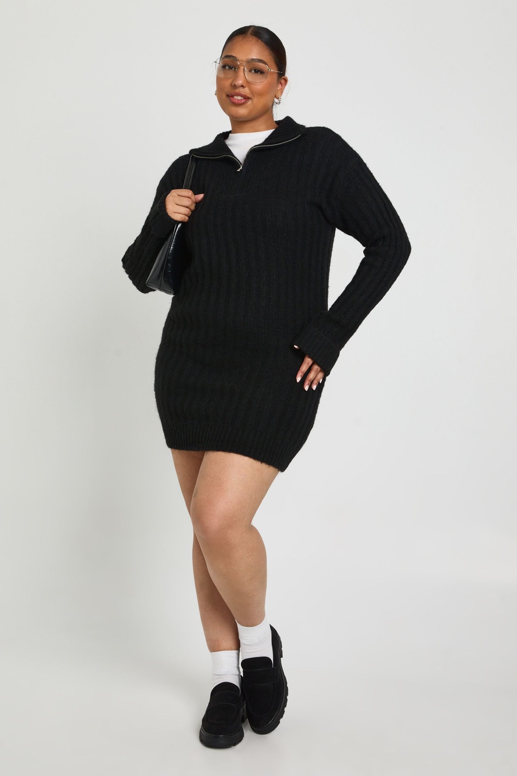 Plus Soft Knit Thick Rib Zip Neck Oversized Mini Dress - Image 3