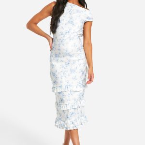 Maternity Porcelain Print Bengaline Asymmetric Frill Midi Dress