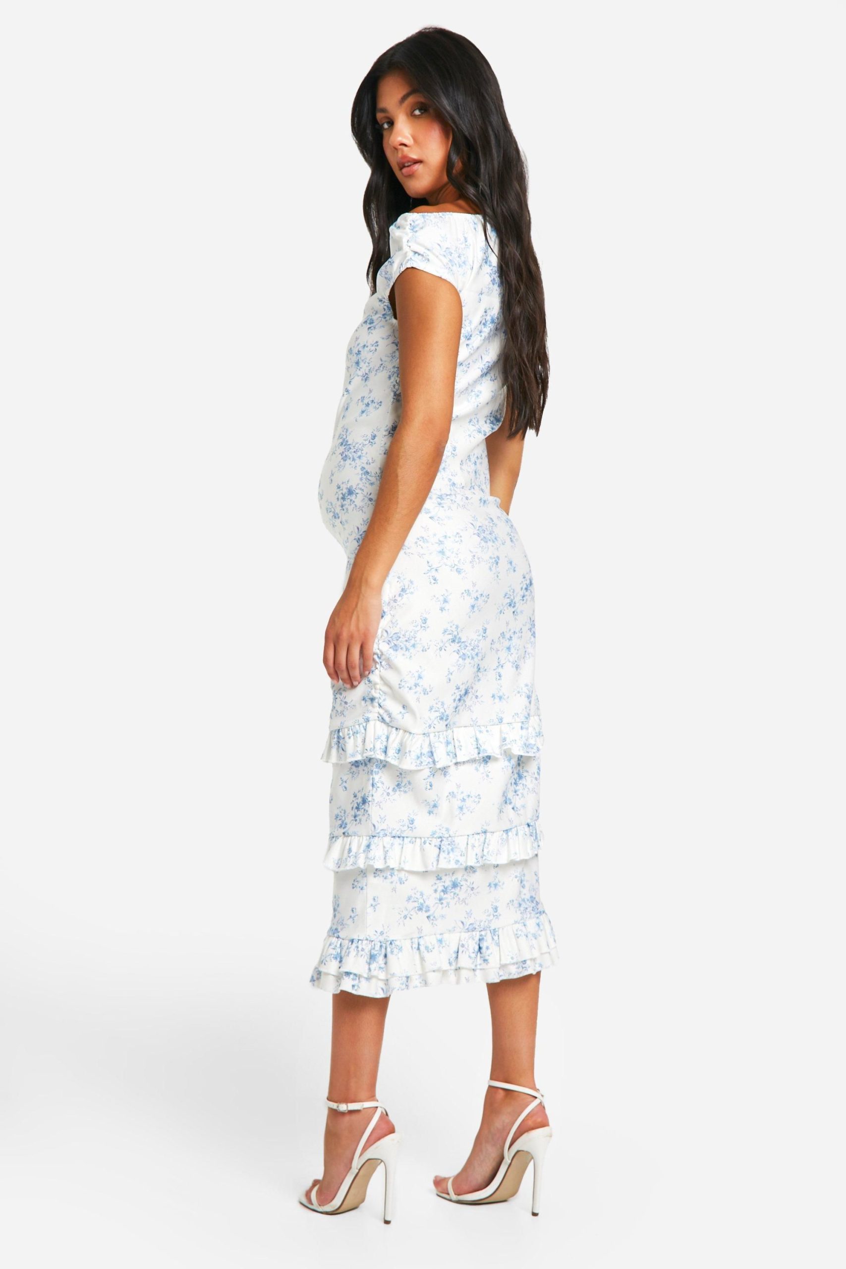 Maternity Porcelain Print Bengaline Asymmetric Frill Midi Dress - Image 2