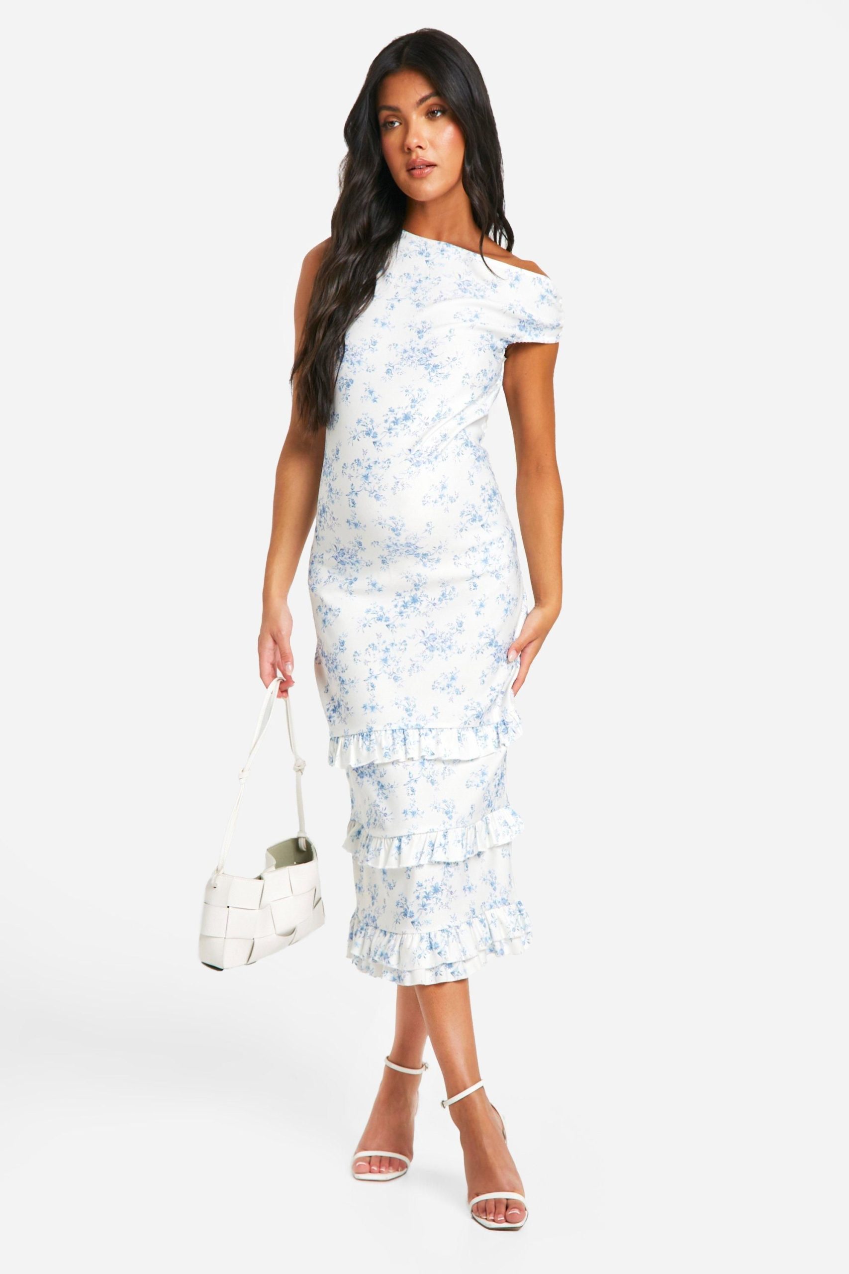 Maternity Porcelain Print Bengaline Asymmetric Frill Midi Dress - Image 3
