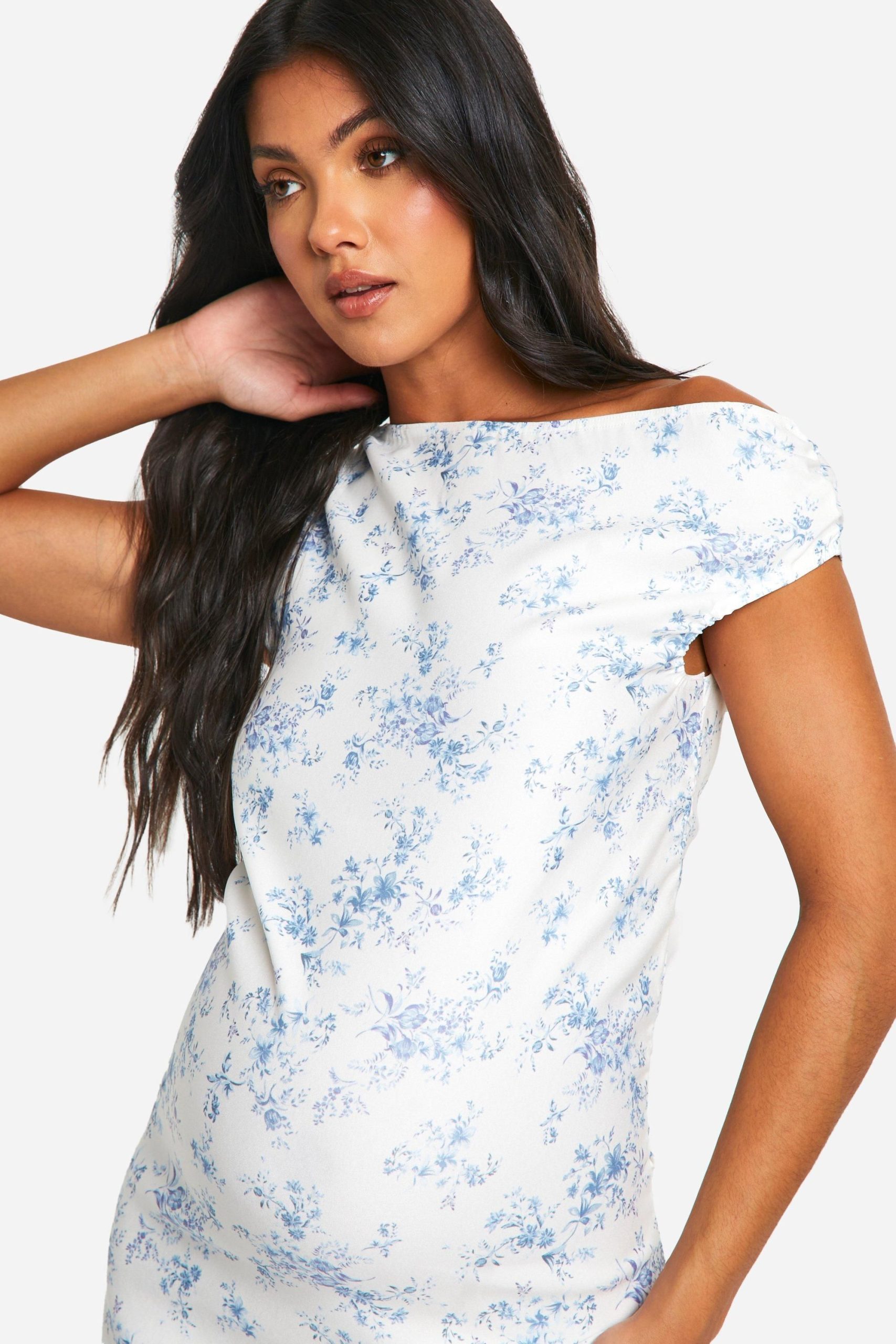 Maternity Porcelain Print Bengaline Asymmetric Frill Midi Dress - Image 4