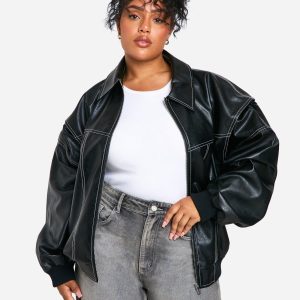 Plus Pu Contrast Stitch Oversized Bomber Jacket
