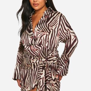 Plus Animal Print Tie Waist Shirt Wrap Dress