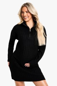 Maternity Soft Knit Thick Rib Zip Neck Oversize Mini Dress