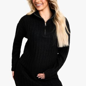 Maternity Soft Knit Thick Rib Zip Neck Oversize Mini Dress