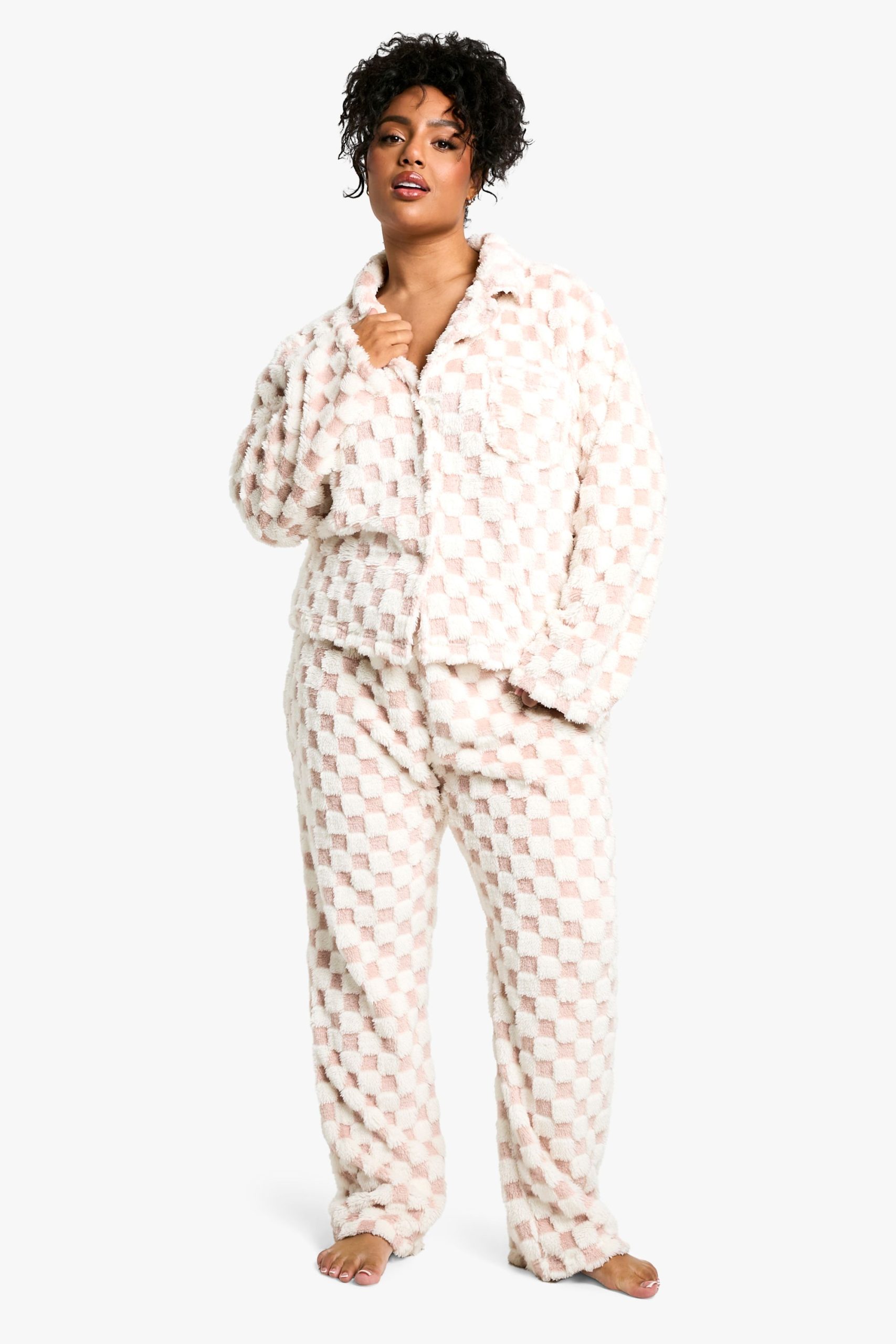 Plus Baby Pink Checkerboard Button Front Pj Set