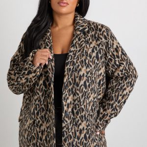 Plus Leopard Print Shoulder Pad Detail Wool Look Blazer