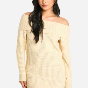 Petite Wide Rib Bardot Neckline Mini Jumper Dress