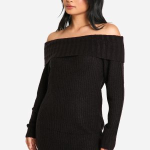 Petite Wide Rib Bardot Neckline Mini Jumper Dress