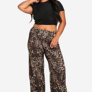 Plus Leopard Print Jersey Wide Leg Trousers