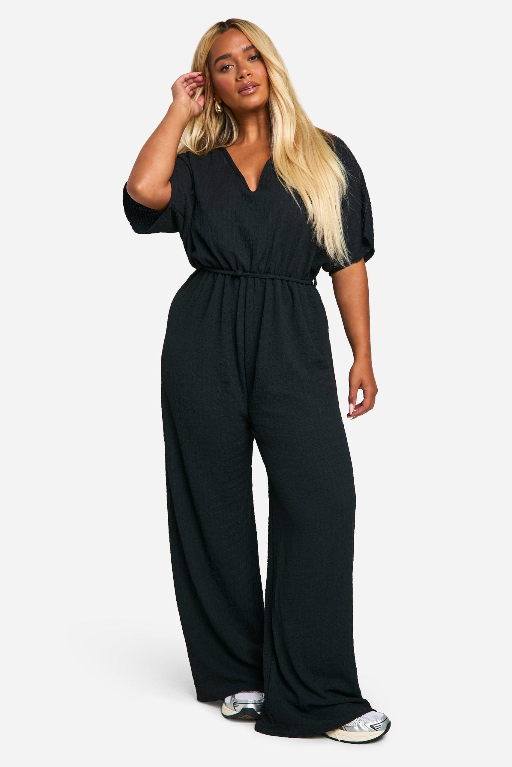 Plus Textured Jersey Plunge Belted Jumpsuit - Image 3