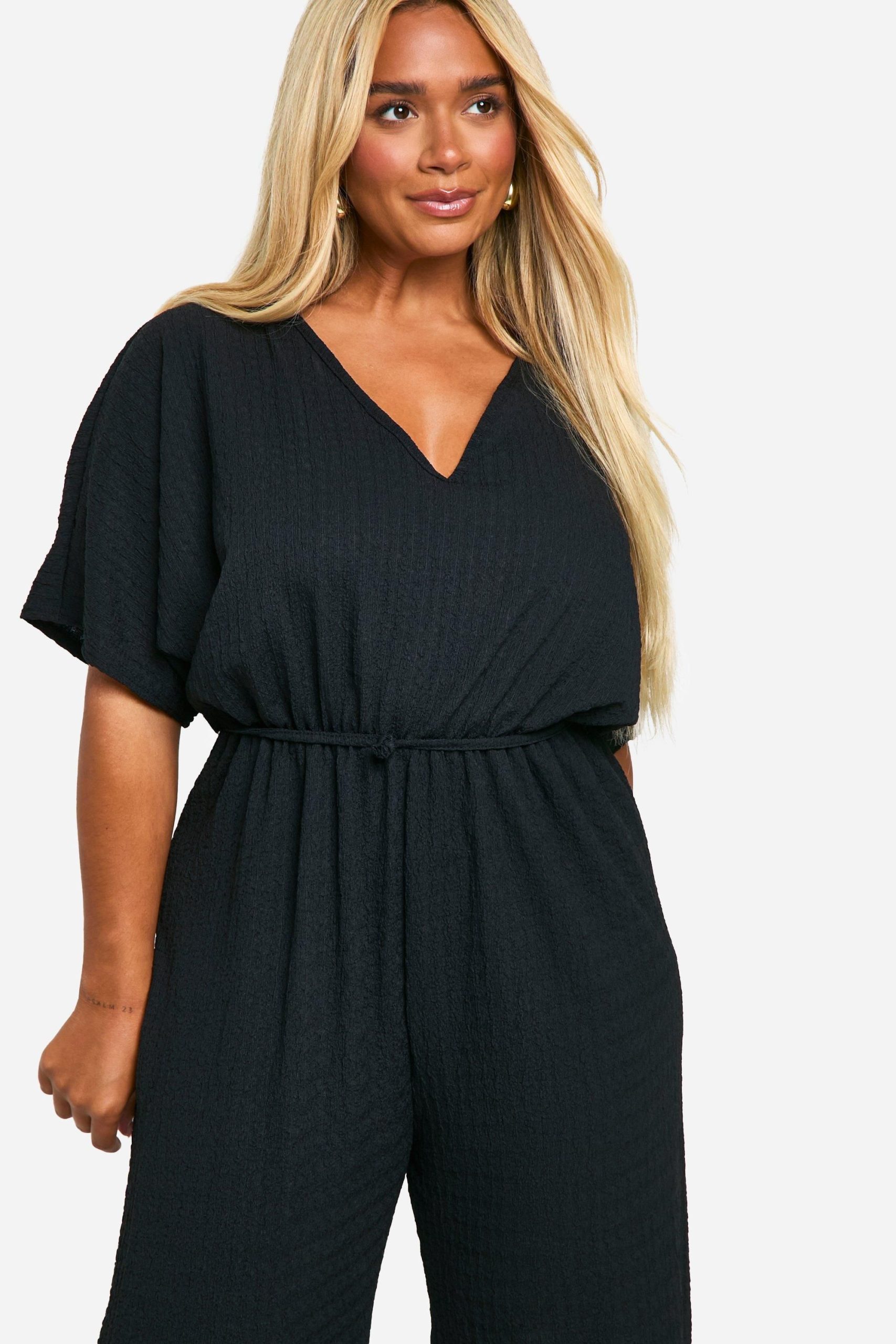 Plus Textured Jersey Plunge Belted Jumpsuit - Image 4
