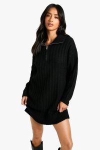 Petite Soft Knit Thick Rib Zip Neck Oversize Mini Dress