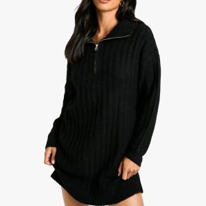 Petite Soft Knit Thick Rib Zip Neck Oversize Mini Dress